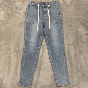 Judy Blue Jeans Womens 9/29 Jogger Double Cuffed Drawstring High Rise Blue Denim